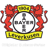 Logo des Fußballvereins Bayer 04 Leverkusen mit zwei roten Löwen auf beiden Seiten eines kreisförmigen Emblems mit der Aufschrift 1904 Bayer Leverkusen. Unterhalb des Logos steht "Offizieller Business-Partner".