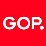 Die weißen Buchstaben GOP. mit einem Punkt am Ende werden in fetter Schrift auf einem einfarbigen roten Hintergrund dargestellt.