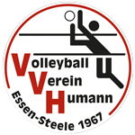 Logo des Volleyballvereins Humann Essen-Steele 1967. Das Logo zeigt eine stilisierte Figur, die Volleyball spielt, mit dem Vereinsnamen in schwarzer und roter Schrift innerhalb eines weißen Kreises mit roter Umrandung.