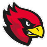 Ein stilisiertes rotes Kardinalvogellogo mit gelbem Schnabel, schwarzen Umrissen und einem grimmigen Gesichtsausdruck vor schwarzem Hintergrund.