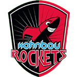 Ein schildförmiges Logo mit einer roten und schwarzen Rakete in der Mitte, das Wort wohnboü in blauen und weißen Buchstaben über ROCKETS in großen weißen und roten Buchstaben, alles auf einem gespaltenen schwarzen und roten Hintergrund.