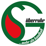 Das Logo der SG Überruhr zeigt ein grünes, stilisiertes SG mit einem roten Tropfen innerhalb des S. Der schwarze Text Überruhr überlagert das G, und ...mehr als handball wölbt sich am unteren rechten Rand.